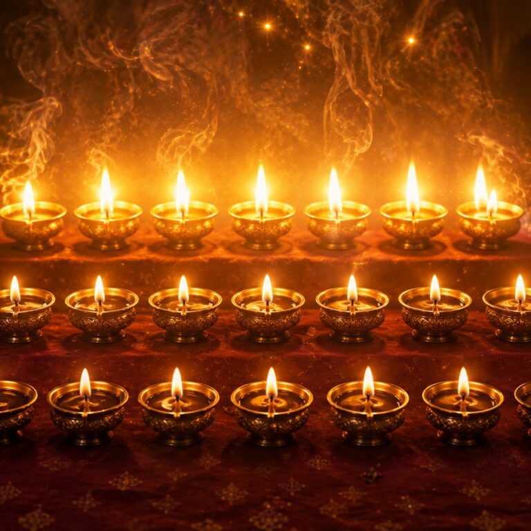 Twenty one golden diya lamps in three rows on a maroon altar cloth with incense smoke
