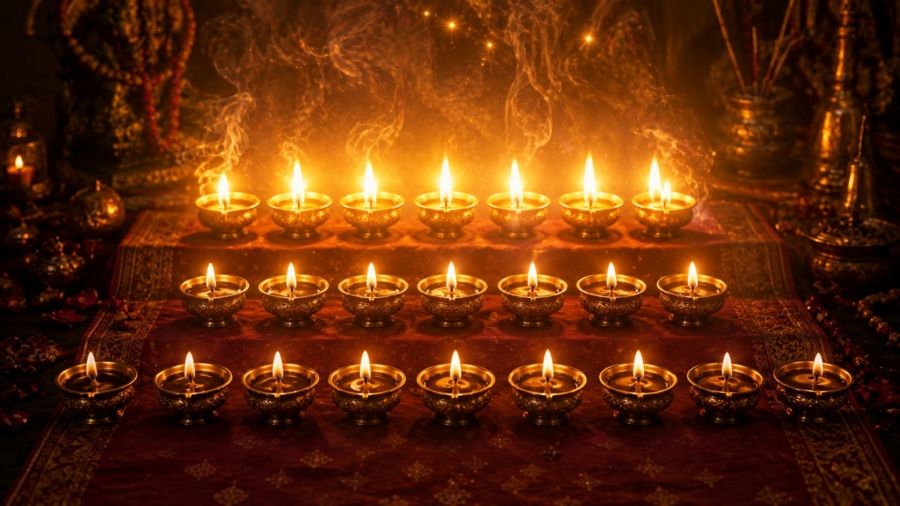 Twenty one golden diya lamps in three rows on a maroon altar cloth with incense smoke