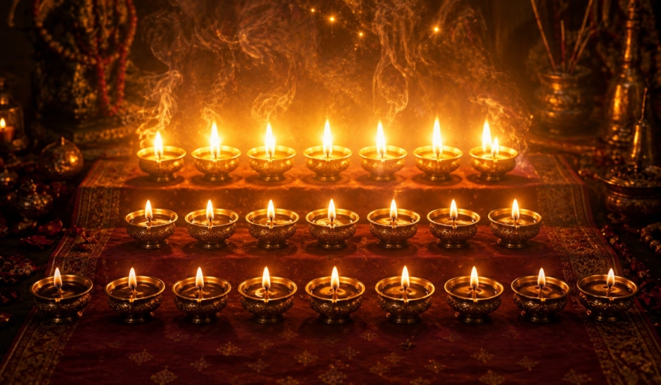 Twenty one golden diya lamps in three rows on a maroon altar cloth with incense smoke