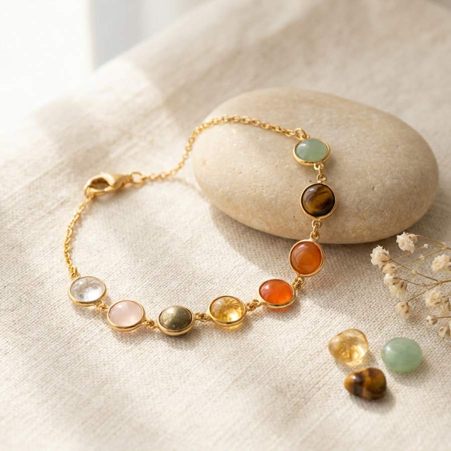 Women's energised Dhan Yog bracelet with a gold chain of round citrine, green aventurine, tiger eye, carnelian, pyrite, rose quartz and clear quartz stones resting on a smooth stone