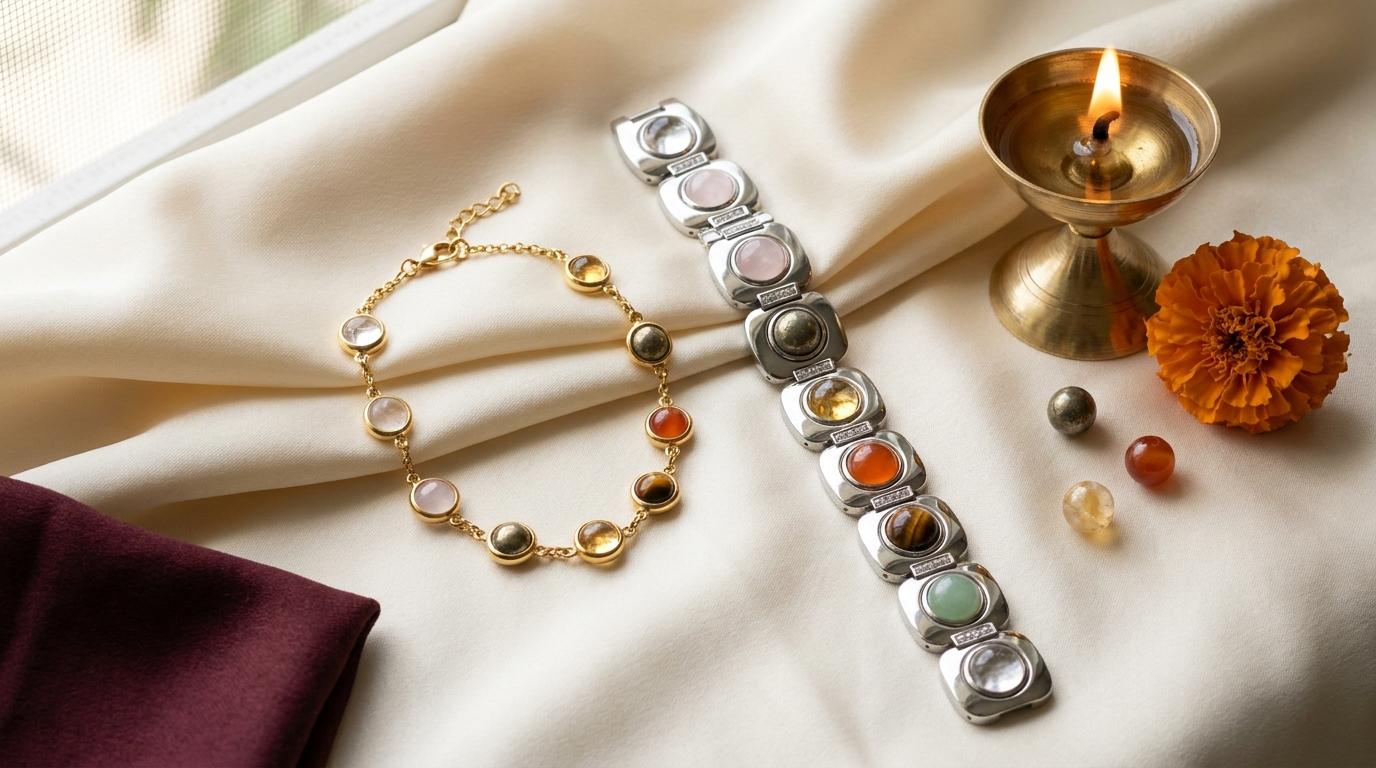 Energised Dhan Yog bracelets for men and women in citrine, green aventurine, tiger eye, carnelian, pyrite, rose quartz and clear quartz