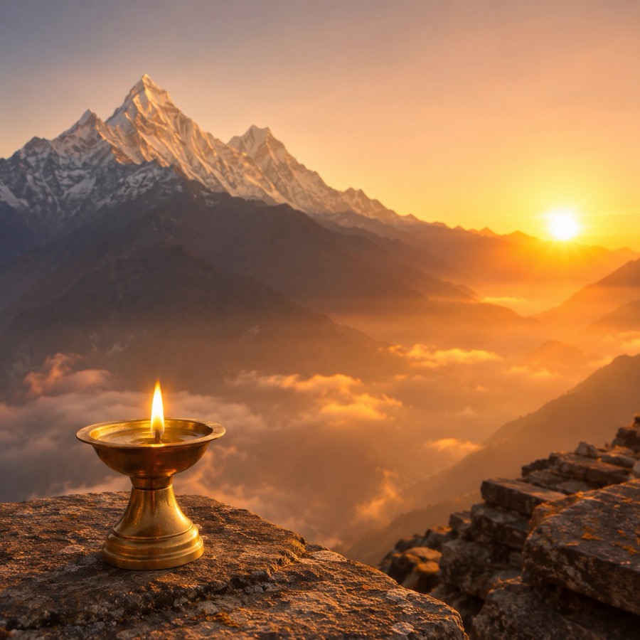 Sunrise over Himalayan peaks with a single lit brass oil lamp in the foreground