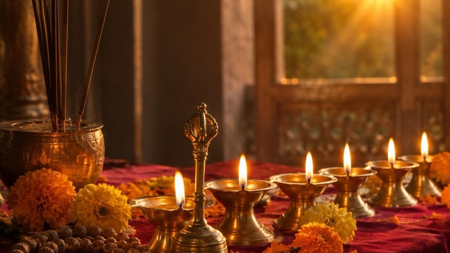 Brass oil lamps, incense smoke and marigold petals on a maroon altar cloth at dawn
