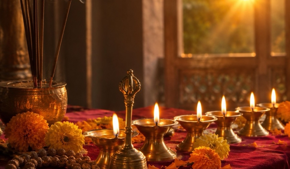 Brass oil lamps, incense smoke and marigold petals on a maroon altar cloth at dawn