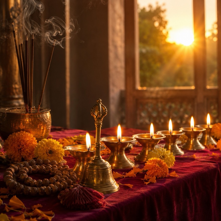 Brass oil lamps, incense smoke and marigold petals on a maroon altar cloth at dawn