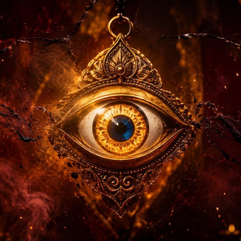 Golden evil eye amulet glowing against dark maroon background with breaking dark threads