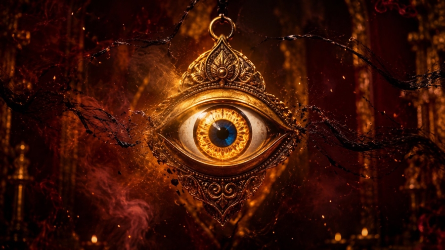 Golden evil eye amulet glowing against dark maroon background with breaking dark threads