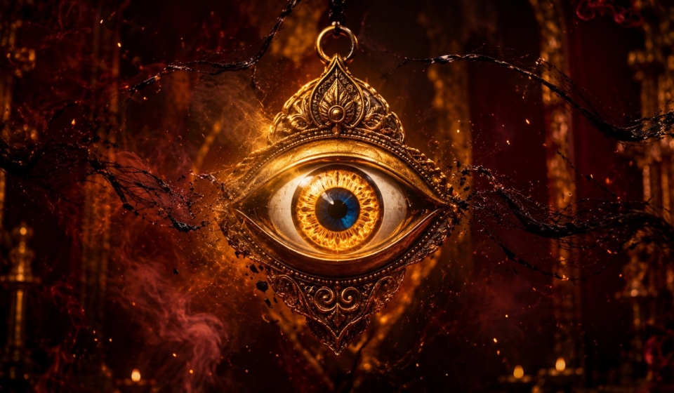 Golden evil eye amulet glowing against dark maroon background with breaking dark threads