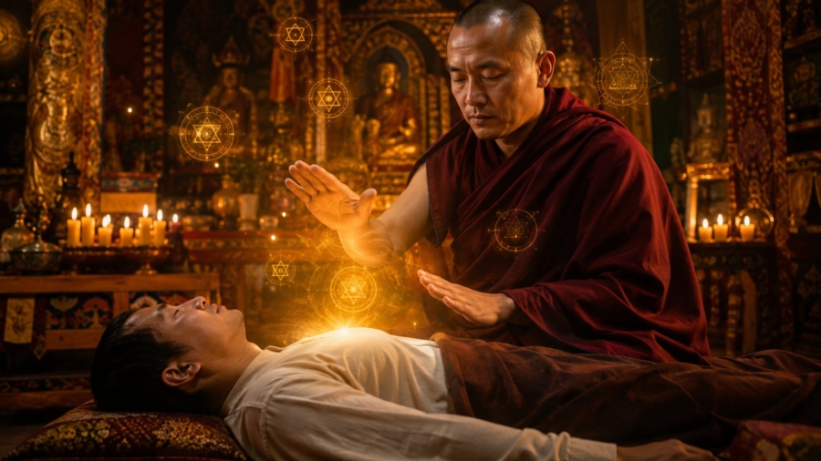 Buddhist monk performing Lama Fera energy healing with golden symbols in a candle lit monastery