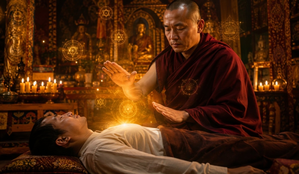 Buddhist monk performing Lama Fera energy healing with golden symbols in a candle lit monastery