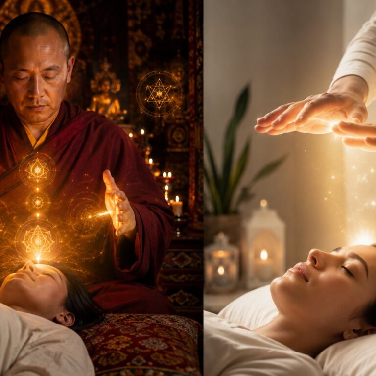 Split image comparing intense Lama Fera monk healing with gentle Reiki hands healing