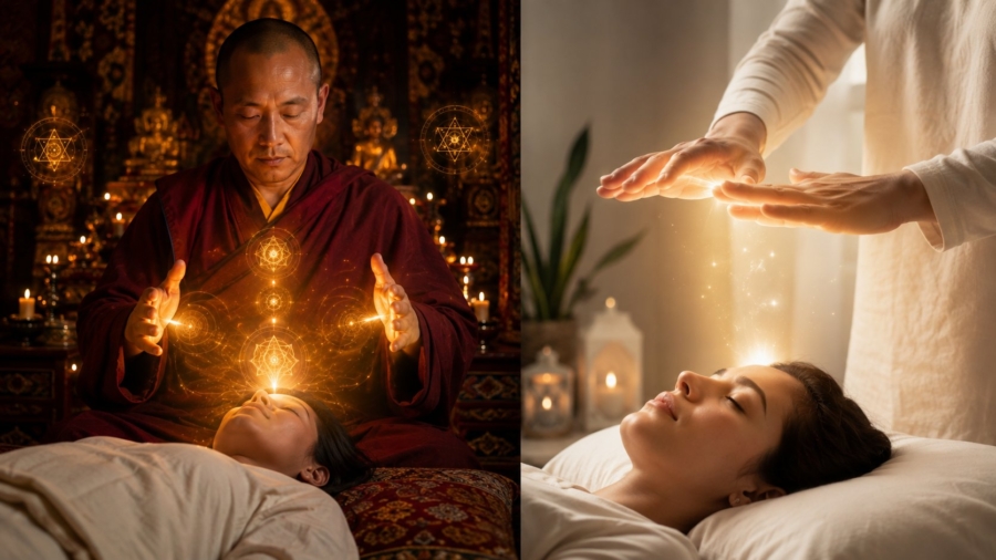 Split image comparing intense Lama Fera monk healing with gentle Reiki hands healing