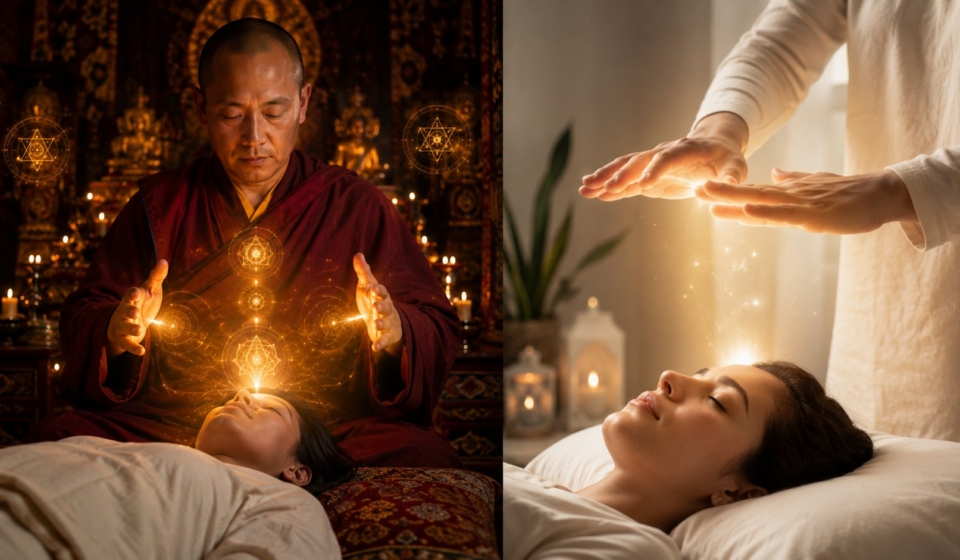 Split image comparing intense Lama Fera monk healing with gentle Reiki hands healing