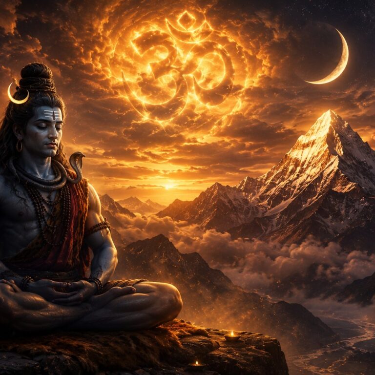 Lord Shiva meditating in the Himalayas with glowing golden Om and crescent moon