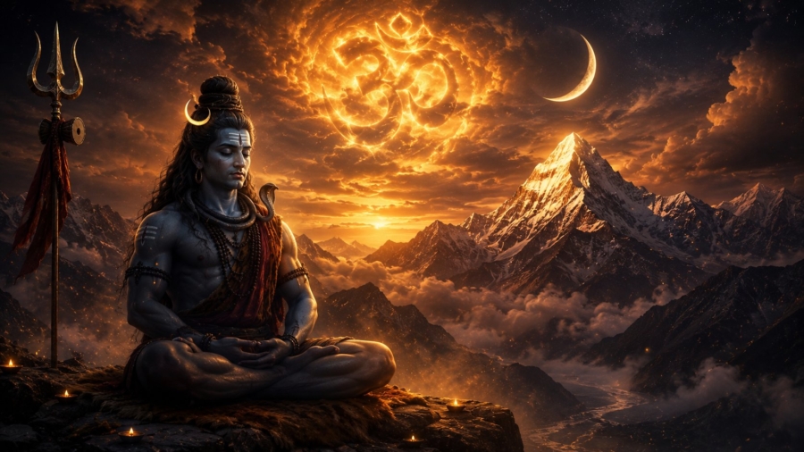 Lord Shiva meditating in the Himalayas with glowing golden Om and crescent moon