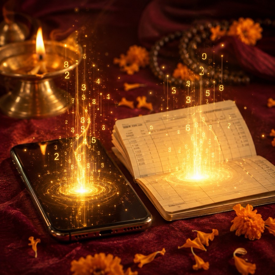 Phone and bank account number healing with golden light rising from a phone and bank passbook