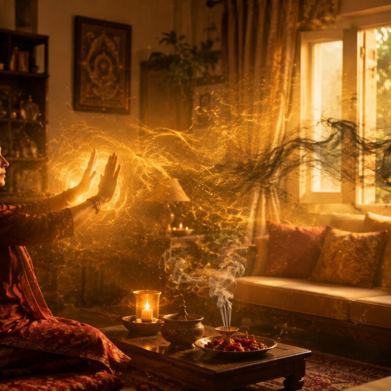 Woman filling her home with golden healing light as dark energy leaves through the window