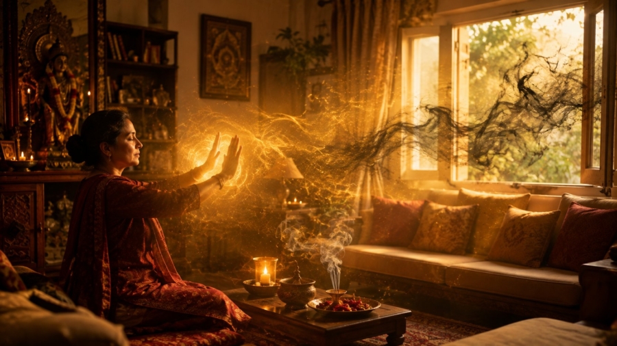 Woman filling her home with golden healing light as dark energy leaves through the window