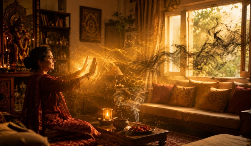 Woman filling her home with golden healing light as dark energy leaves through the window