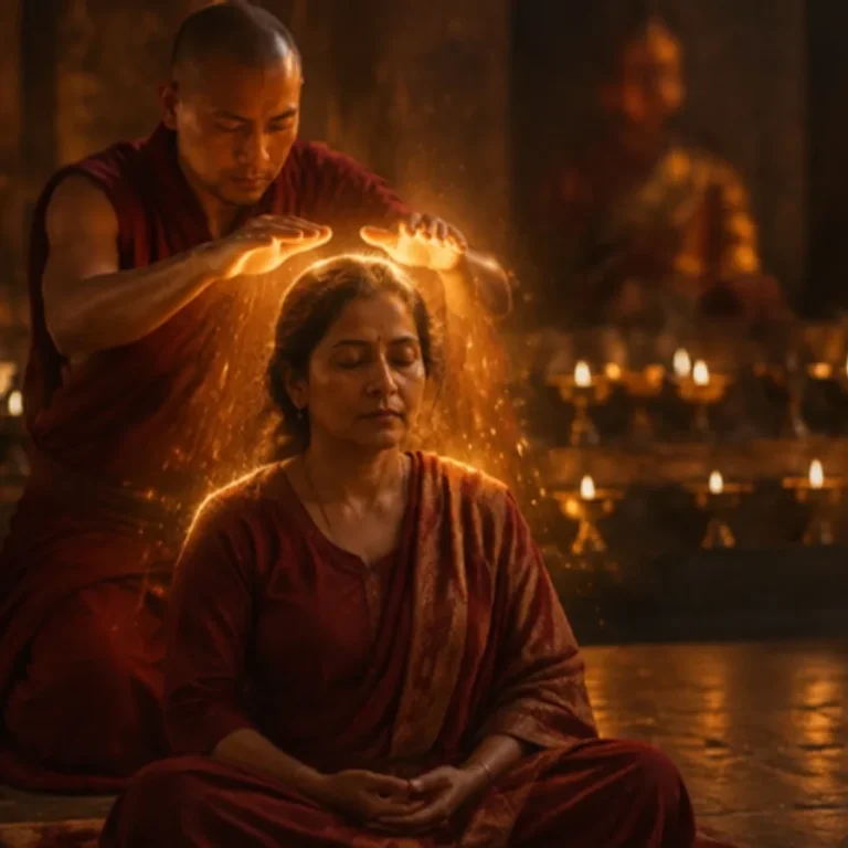A healer in a red robe holding both palms above the head of a seated woman, golden light around her, rows of brass lamps glowing behind