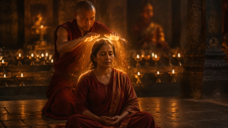A healer in a red robe holding both palms above the head of a seated woman, golden light around her, rows of brass lamps glowing behind