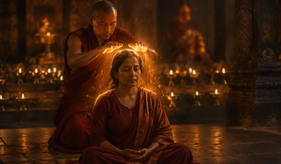 A healer in a red robe holding both palms above the head of a seated woman, golden light around her, rows of brass lamps glowing behind